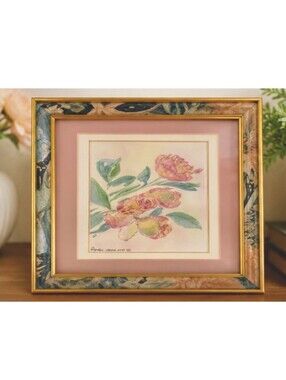 Vintage 1998 Hawaii Roses Framed Floral Art Print Pink Rose Gold Floral Frame